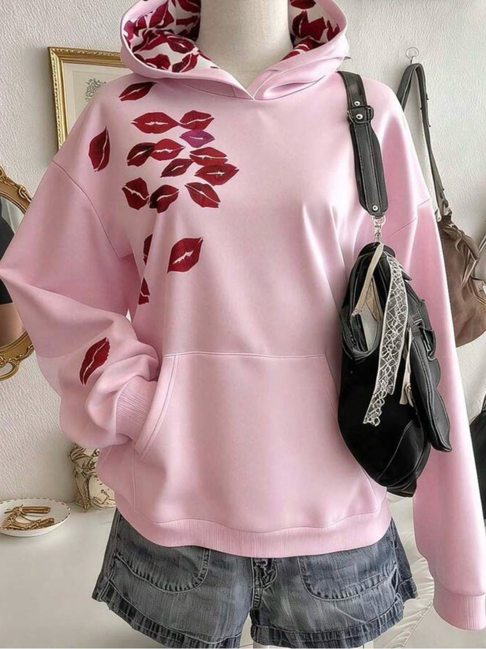 Pink Kiss-Print Hoodie Sweatshirt - Women